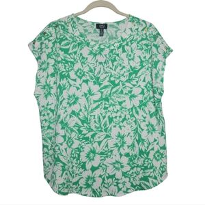 NWT Jones New York Signature Kelly Green & White Button Shoulder Floral Top LG